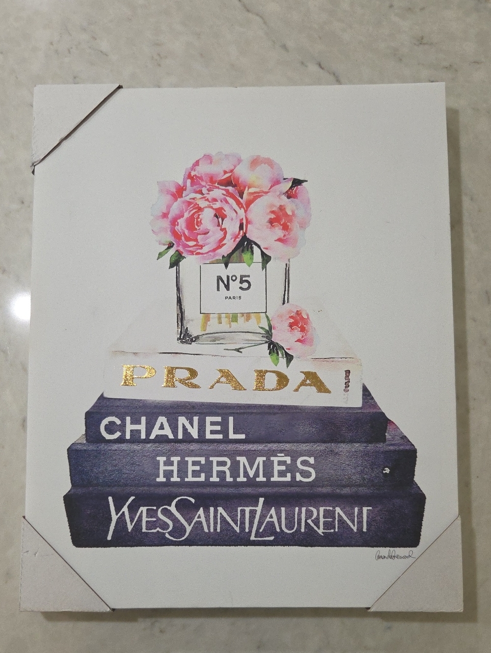 20 X 16 Canvas Luxury Fashion Book Stack Wall Art with Pink Floral Accent